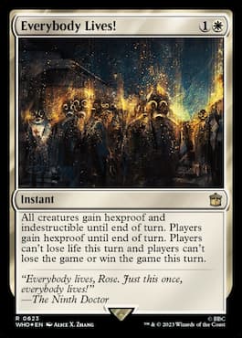 Image of humans with gas masks on thorugh Everybody Lives! MTG Doctor Who Commander set