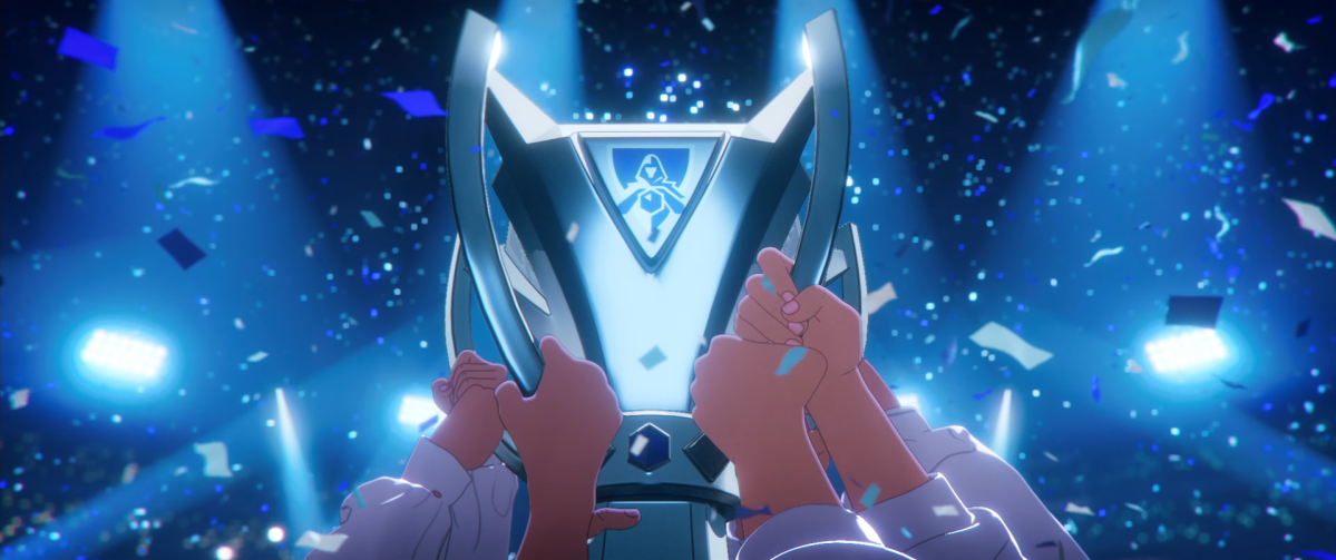 DRX lifting the Summoner's Cup after winning Worlds 2022.