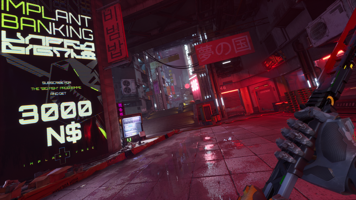 Advertisements on the wall in an alleyway lit by redlight in Ghostrunner 2.