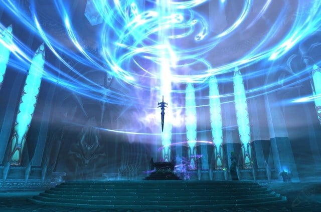 Frostmourne sword in Halls of Reflection surrounded by blue light