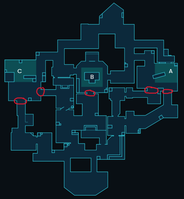 An image of Haven in VALORANT, with each choke point circled.