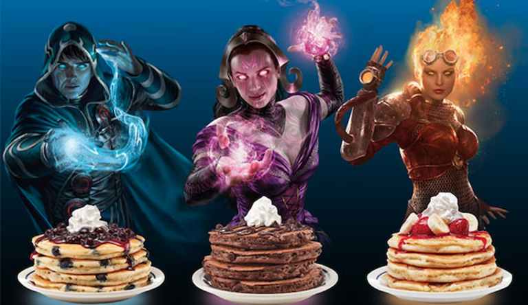 Image of MTG Planeswalkers Jayce, Liliana, anc Chandra through IHOP pancake promotion