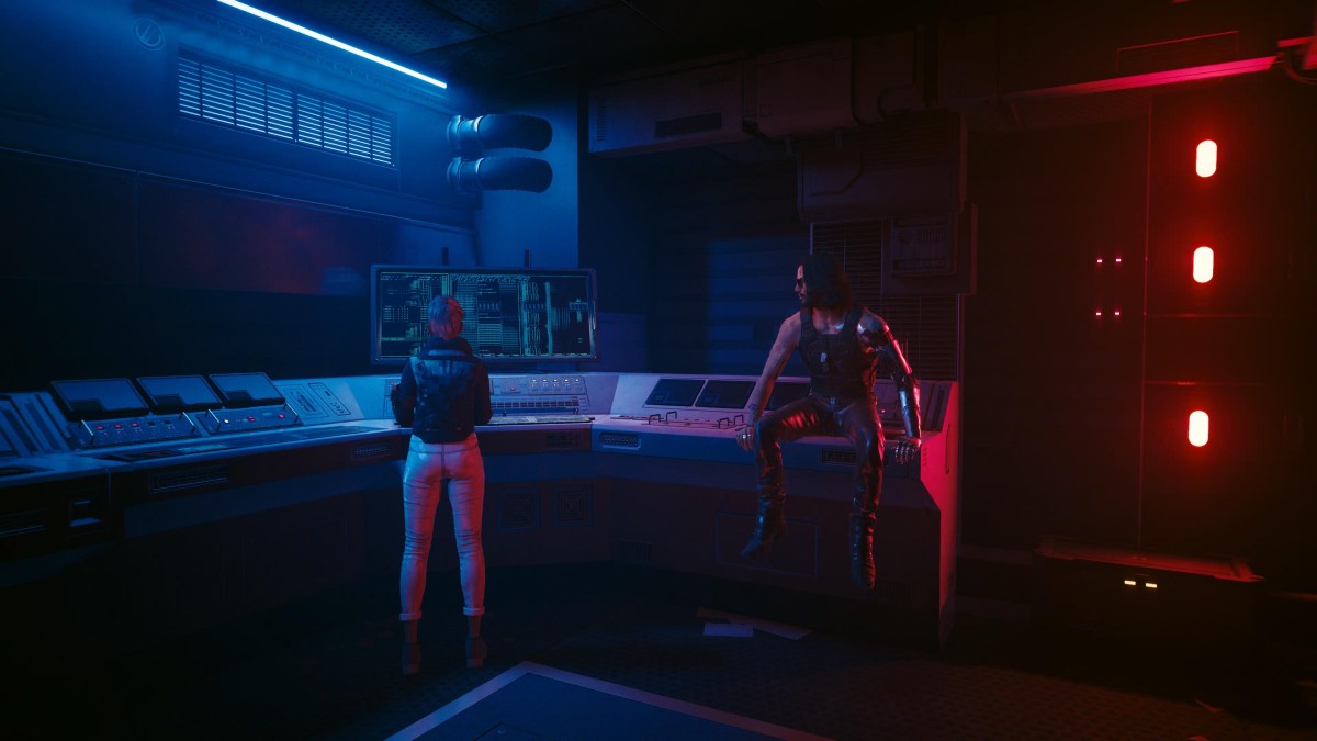 An in game screenshot of the characters Bree and Johnny Silverhand from the game Cyberpunk 2077.