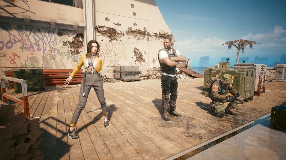 An in game image of the characters Reed and V from the game Cyberpunk 2077.