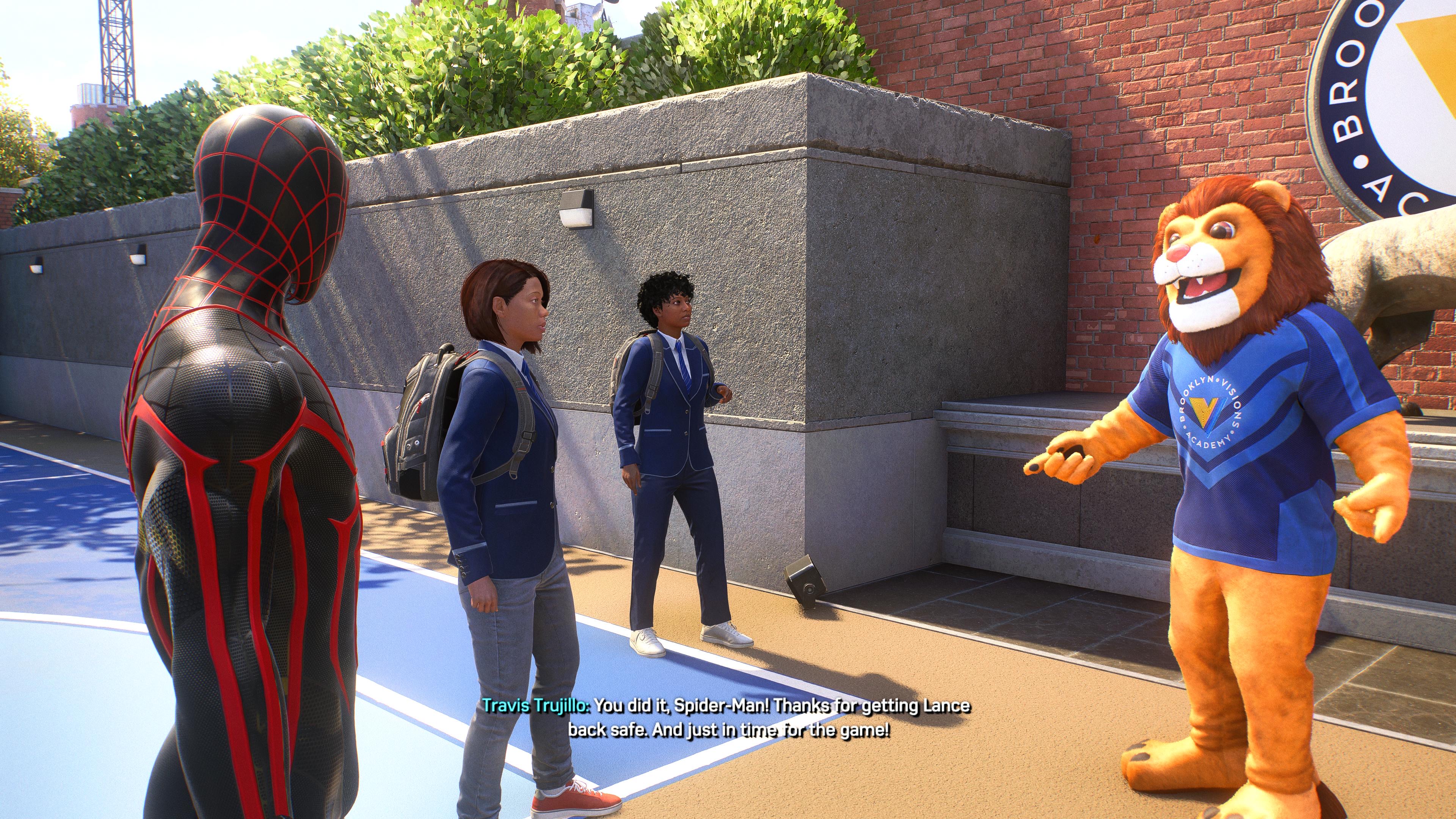 An in game screenshot of Lance the lion mascot from the Senior Prank mission from Marvel's Spider-Man 2.
