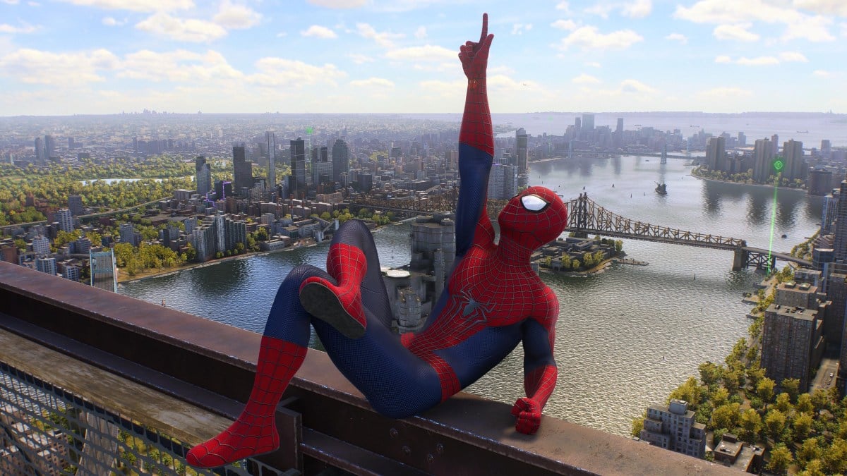An in game screenshot of Peter Parker in the Amazing 2 suit in Marvel's Spider-Man 2.