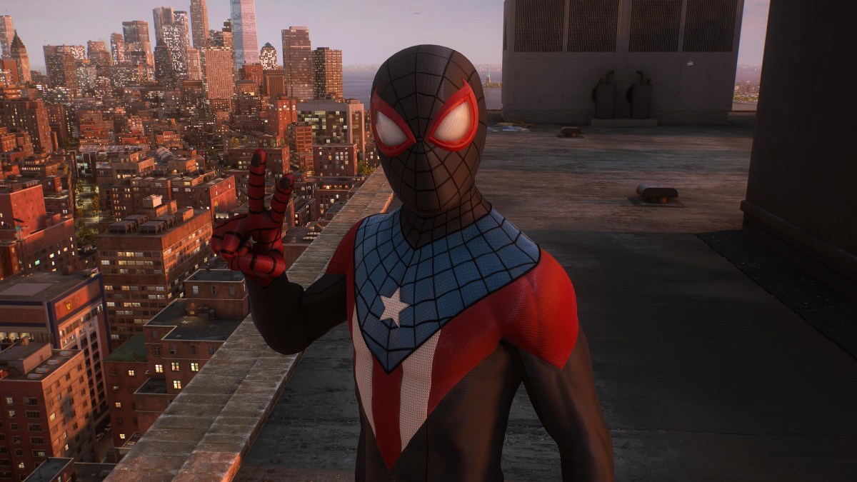 An in game screenshot of Miles Morales in the Boricua suit from Marvel's Spider-Man 2