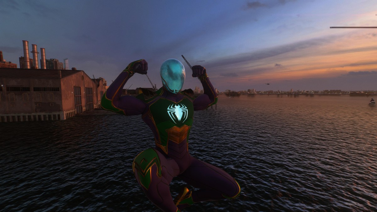 An in game screenshot of Miles Morales in the Smoke and Mirrors suit from Marvel's Spider-Man 2