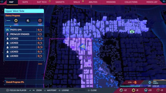A screenshot of the map in Marvel's Spider-Man 2, showing the Upper West Side district and current District Progress.