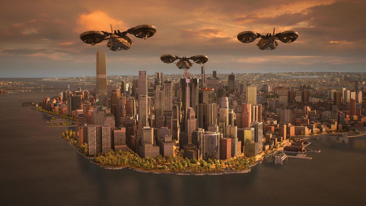 Three of Kraven's aerial vehicles travel towards New York in Marvel's Spider-Man 2.