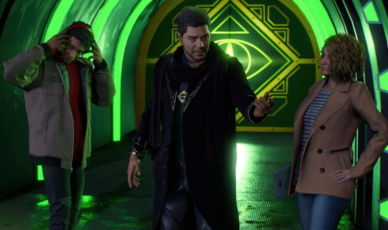 Miles Morales and Quentin Beck standing together in front of a Mysterium in Spider-Man 2.