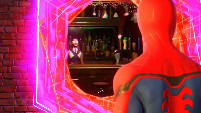 Peter Parker looks through a portal into a bar in Spider-Man 2.