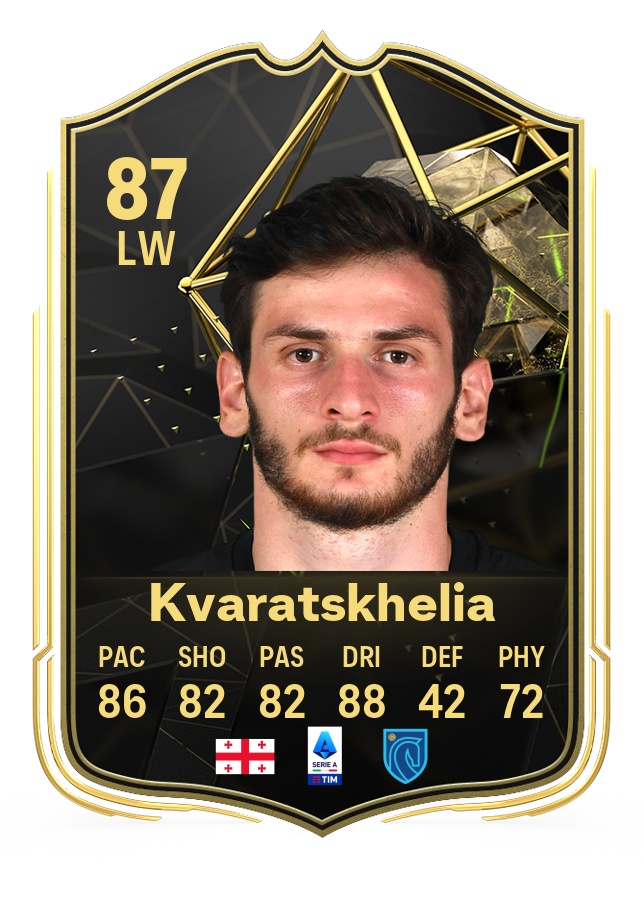 Screenshot of Khvicha Kvaratskhelia's 87-rated card in EA FC 24's Ultimate Team TOTW 3.