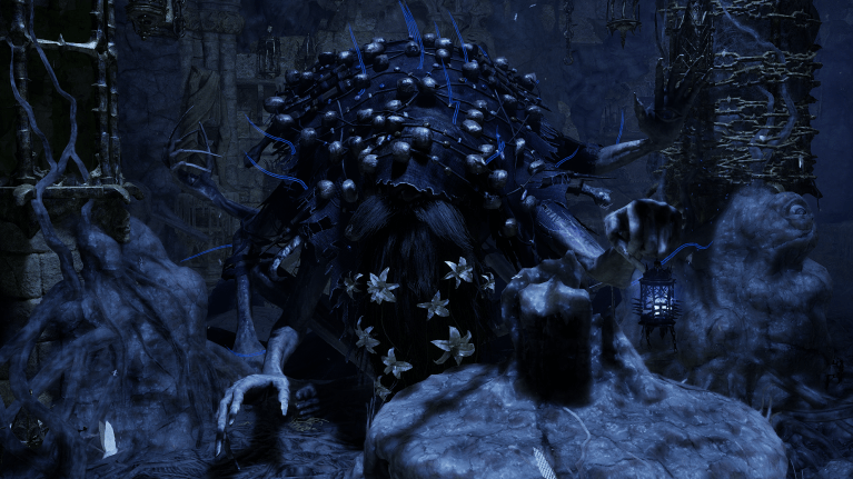 Molhu, a hairy dark blue creature covered in a blanket of flowers in Lords of the Fallen