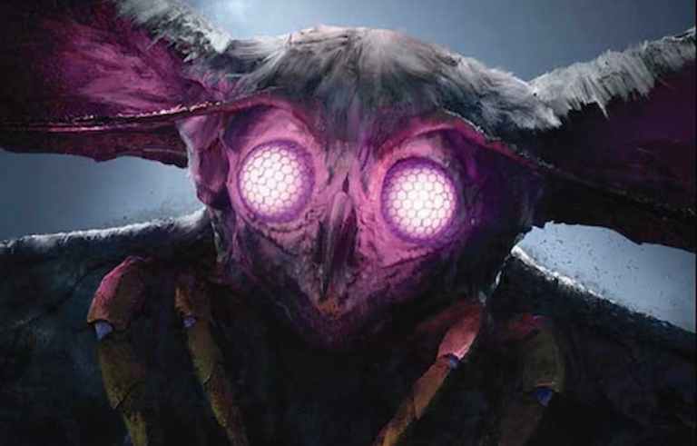 Image of Mothman with purple insect eyes through MTG Fallout Commander The Wise Mothman