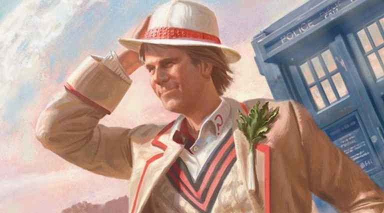 Image of Doctor infront of TARDIS looking out through MTG The Fifth Doctor Blast From the Past Commander Precon