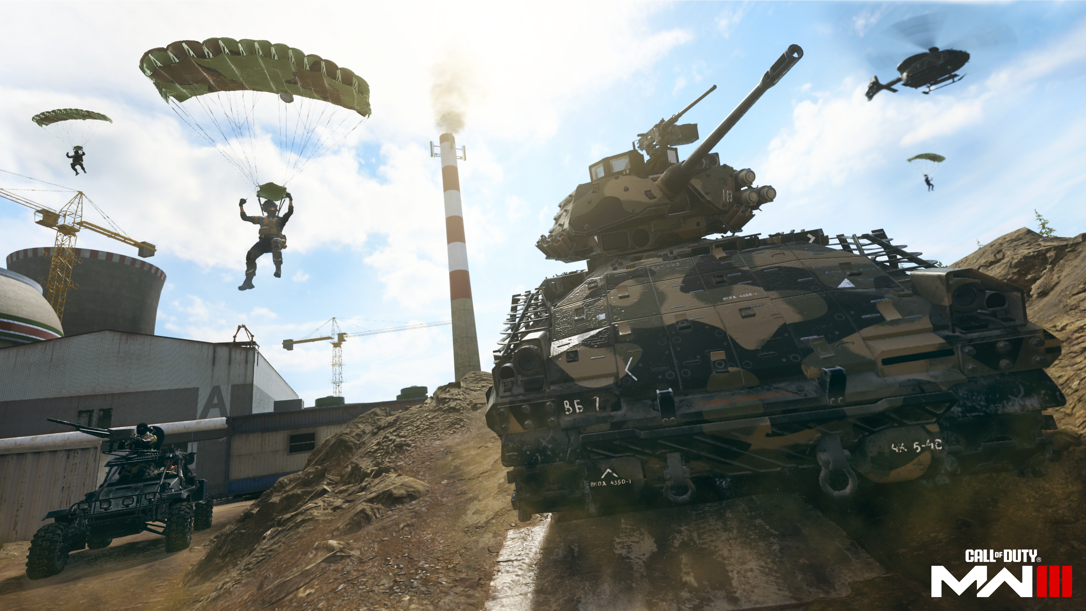 An operator parachuting next to a tank in MW3.