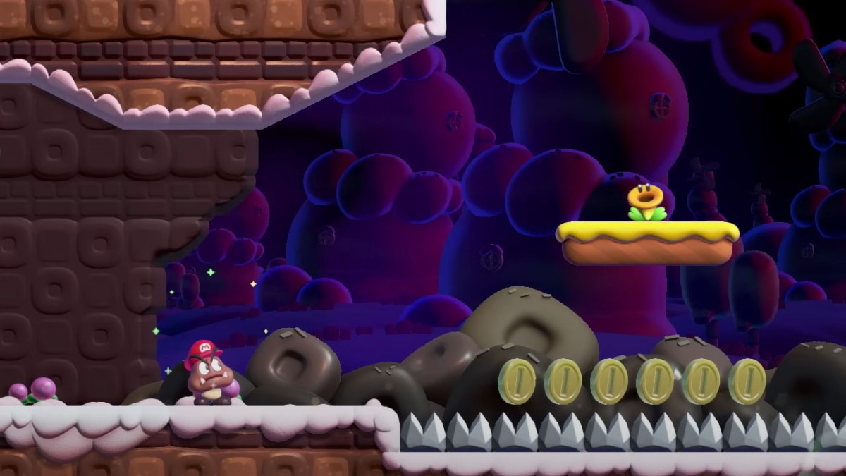 A screenshot showing a Goomba transformation in Super Mario Bros. Wonder