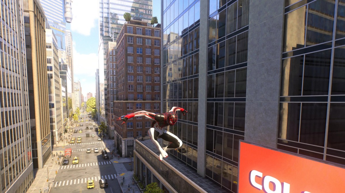 Miles Morales swinging through Manhattan in Spider-Man 2.