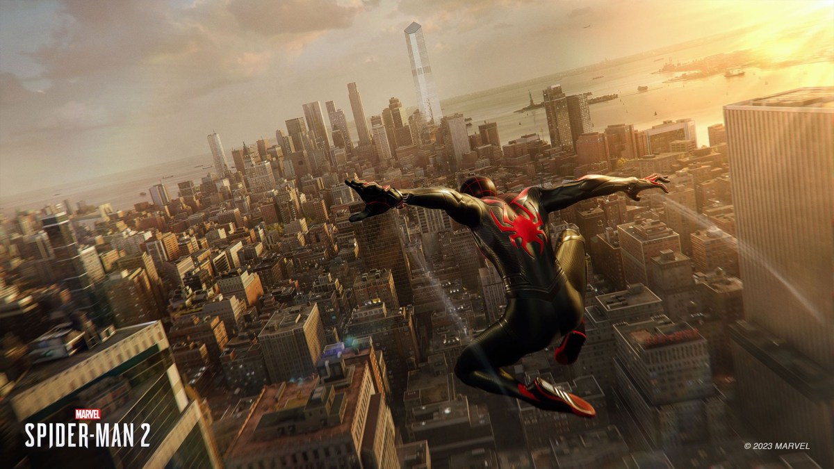 Miles Morales flying through the sky of New York in Spider-Man 2