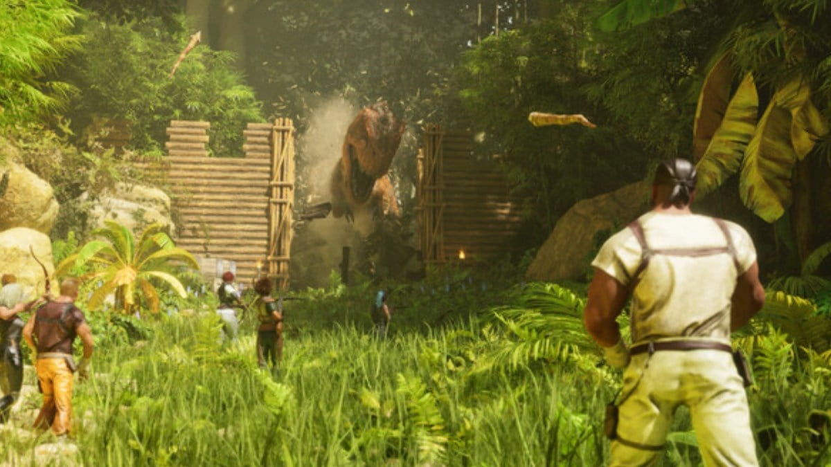 A group of players staring down a dinosaur in Ark: Survival Ascended.