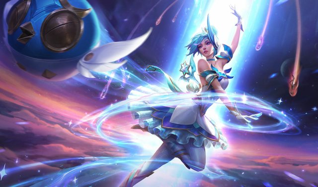 Star Guardian Orianna throwing her bird ball as she's surrounded by swirling waves in League of Legends.