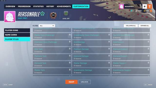 An image of the different titles you can unlock in Overwatch 2. These are unlocked by playing the ranked mode, and you can display them on your profile.