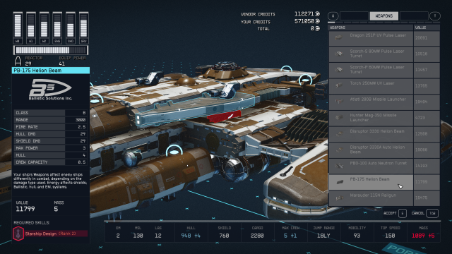 Image of the Starfield ship builder menu showing the Helion particle weapon on a ship.