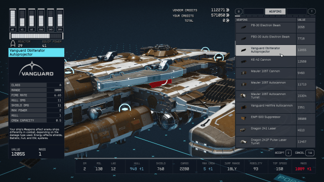 Image of the Starfield ship builder menu showing the Vanguard Obliterator.