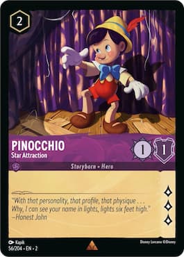 Pinocchio danccing on stage without strings on Lorcana TCG card