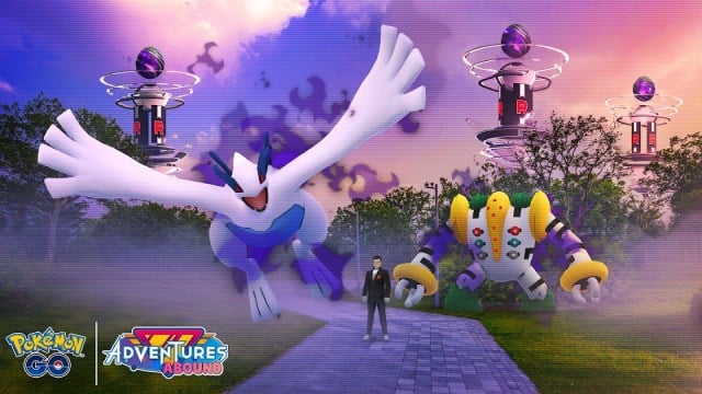 Team Go Rocket releasing a Shadow Lugia and Shadow Regigigas to wreak havoc.