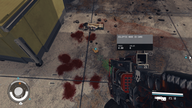 Image of an assault rifle pointing at a keycard laying on top of blood splatter.