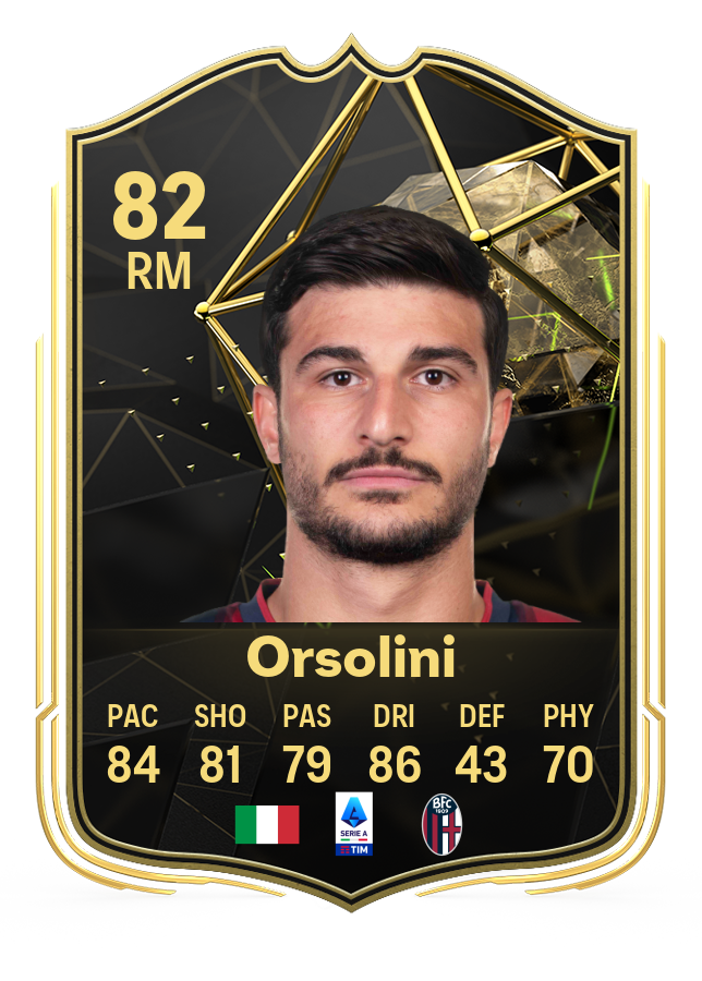 Screenshot of Riccardo Orsolini's 82-rated card in EA FC 24's Ultimate Team TOTW 3.