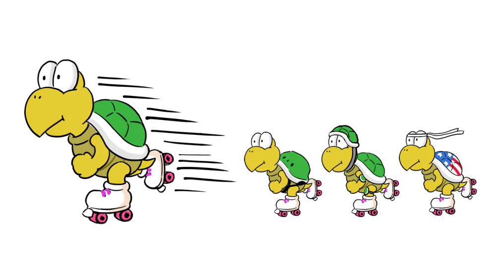 4 Concept art images from the Super Mario World presenting different designs featuring Koopa Troopas with roller skates. Image via Nintendo.