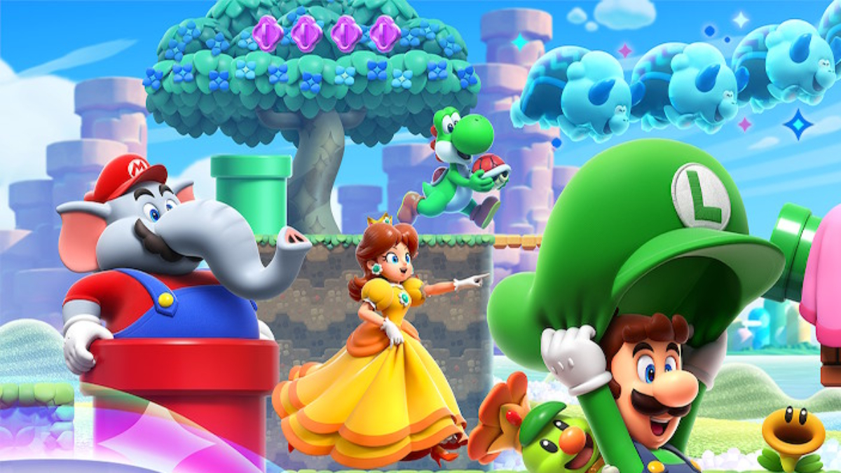 Super Mario Bros. Wonder header with elephant Mario, Daisy, and Yoshi