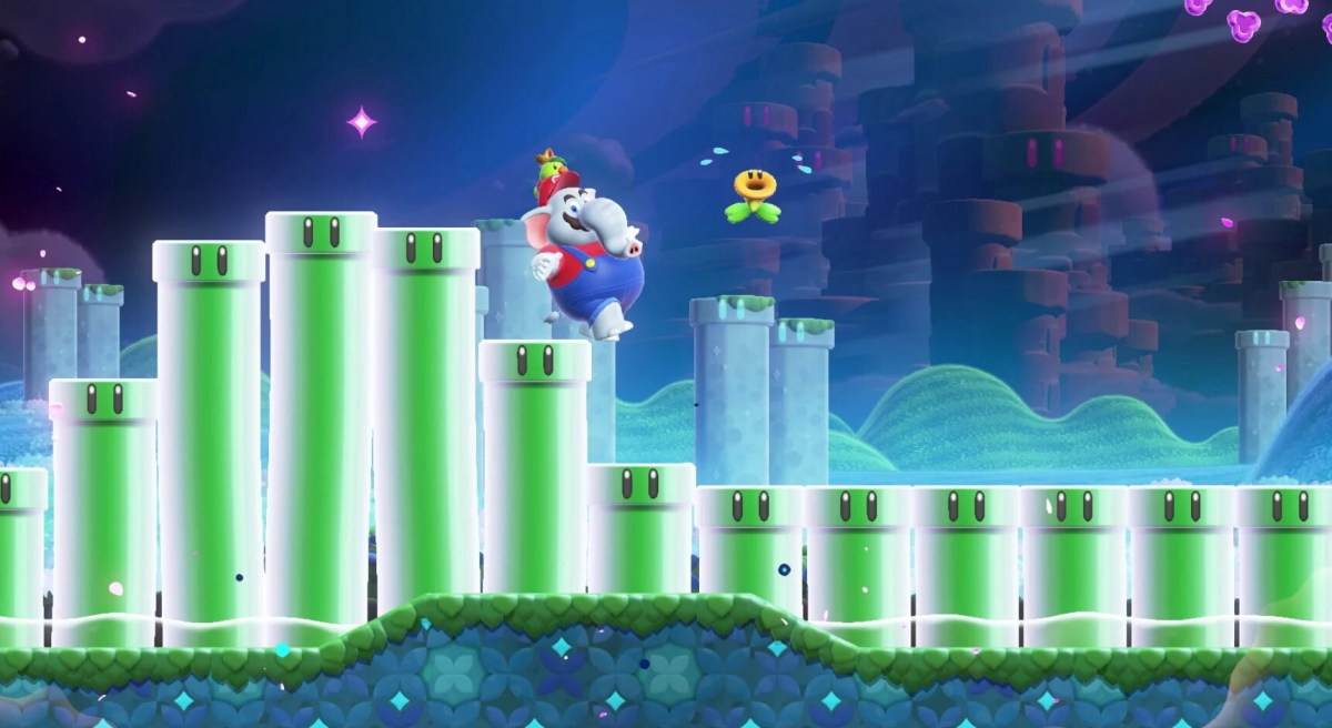 A screenshot from Super Mario Wonder showing Wonder Effects and Elephant Mario.