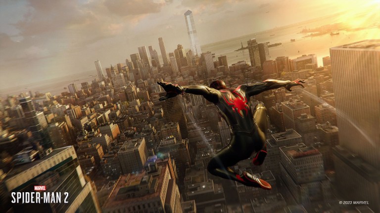 Spider-Man slinging through the clouds above New York