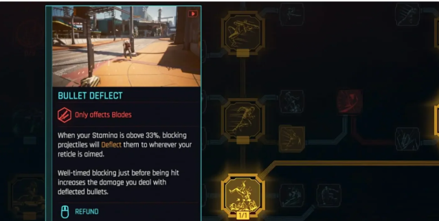 The Bullet Deflect perk from Cyberpunk 2077. 