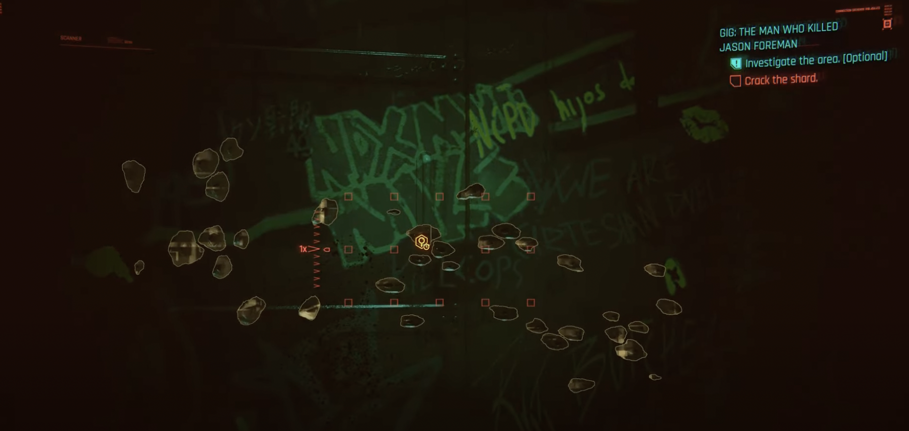 Bullet holes in the wall in Cyberpunk 2077 Phantom Liberty The Man Who killed Jason Foreman quest.