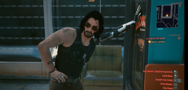Johnny Silcerhand with his hand against the fortune teller bot, laughing, in the Killing in the Name quest in Cyberpunk 2077.