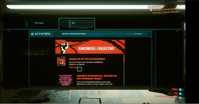 Screenshot of the Bartmoss Collective message from V's computer in the Killing in the Name mission in Cyberpunk 2077. 