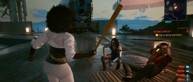 Denny threatening Henry with a baseball bat in Second Conflict from Cyberpunk 2077.