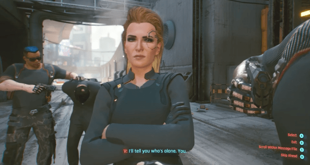 Meredith Stout holding the player at gunpoint in The Pickup in Cyberpunk 2077. 