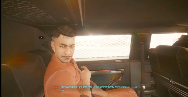 Joshua from Cyberpunk 2077 in the There is a Light That Never Goes Out mission. 