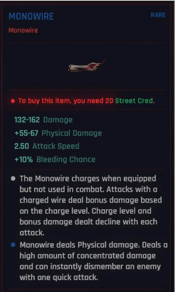 Description page for the Monowire Cyberware from Cyberpunk 2077. 