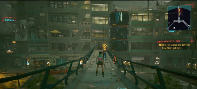 Green Cloud holding up her gun to Blue Moon in the Every Breath You Take quest in Cyberpunk 2077.