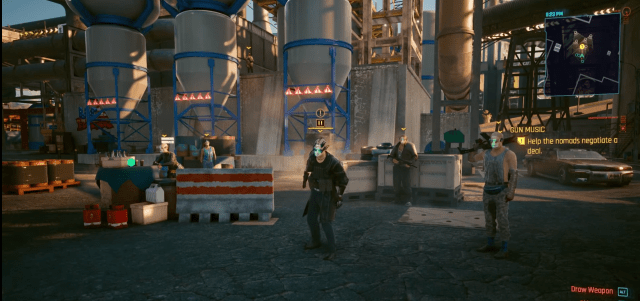 A scav reaches for his gun in Cyberpunk 2077.