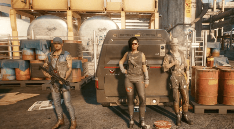 Three characters from Cyberpunk 2077 standing near a fan.