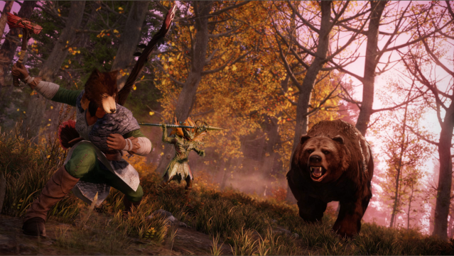 Players hunting a bear in New World.