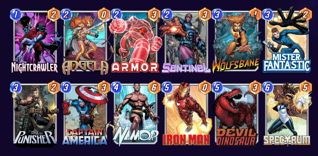 Marvel Snap deck consisting of Nightcrawler, Angela, Armor, Setninel, Wolfsbane, Mister Fantastic, The Punisher, Captain America, Namor, Iron Man, Devil Dinosaur, and Spectrum. 